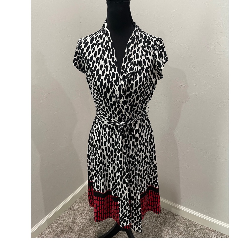 Liz Claiborne Black White Red Pebble Print Faux Wrap Dress Small